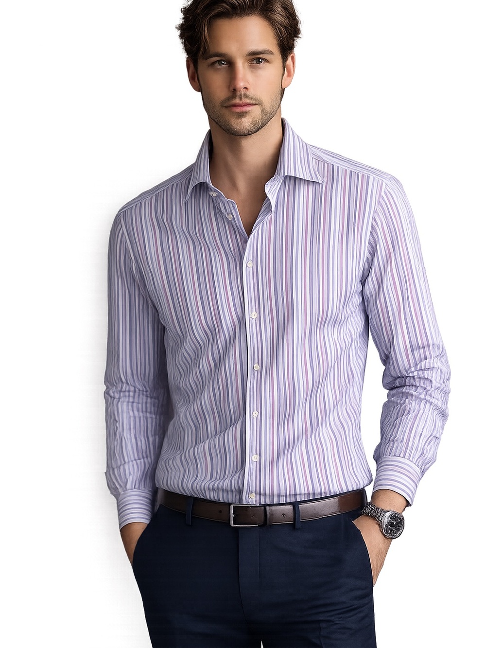 Etro Men's Lavender and Light Blue Striped Button-Down Shirt size 42/Large